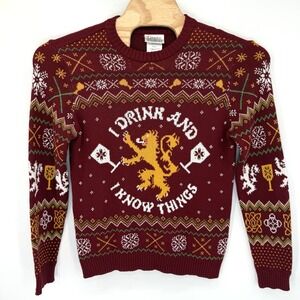 Game of Thrones Sweater Men Medium Burgundy I Drink and I Know Things Lannister‎